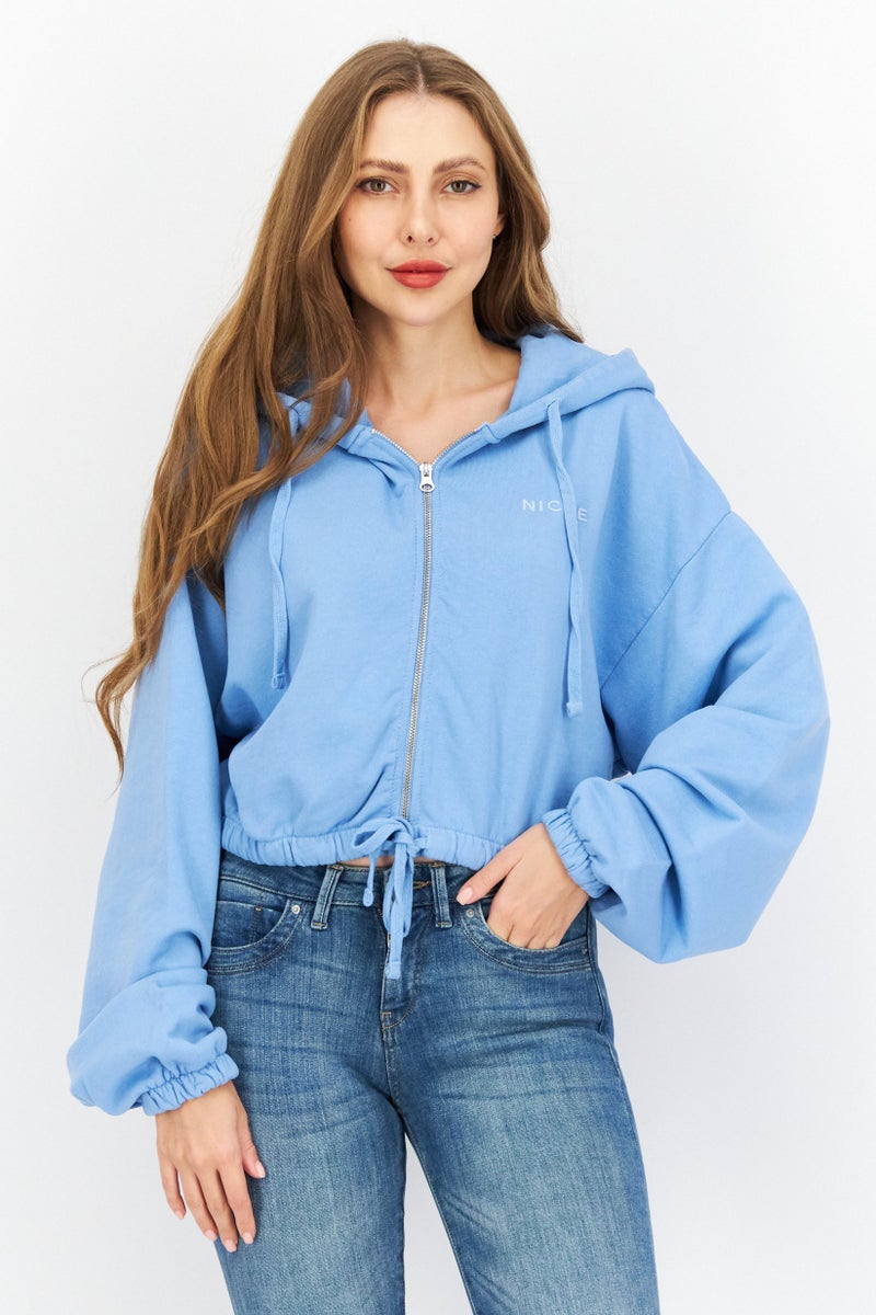 Nicce Women Long Sleeve Full Zip Crop Hoodie, Light Blue - Image 1